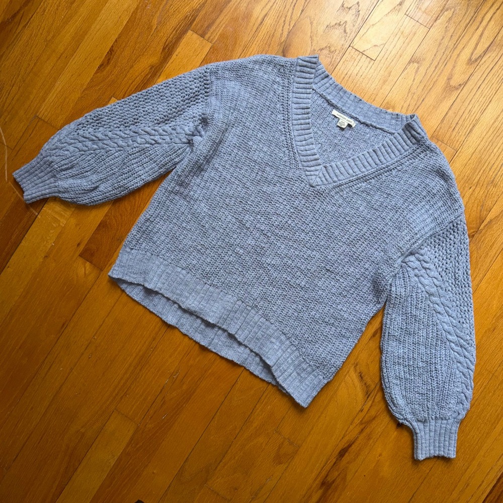 American Eagle Blue Cable Knit Balloon Sleeve V-Neck Cotton Sweater S Coastal